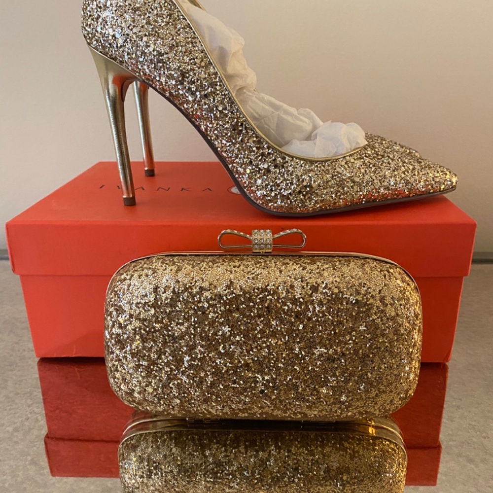 Ivanka Trump, Keydena Gold Glitter Stiletto & Clutch Set, Sz 9.5 - Picture 4 of 8